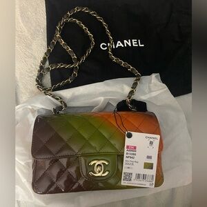 CHANEL Ombre Green Orange Quilted Patent Leather Mini Flap Bag
